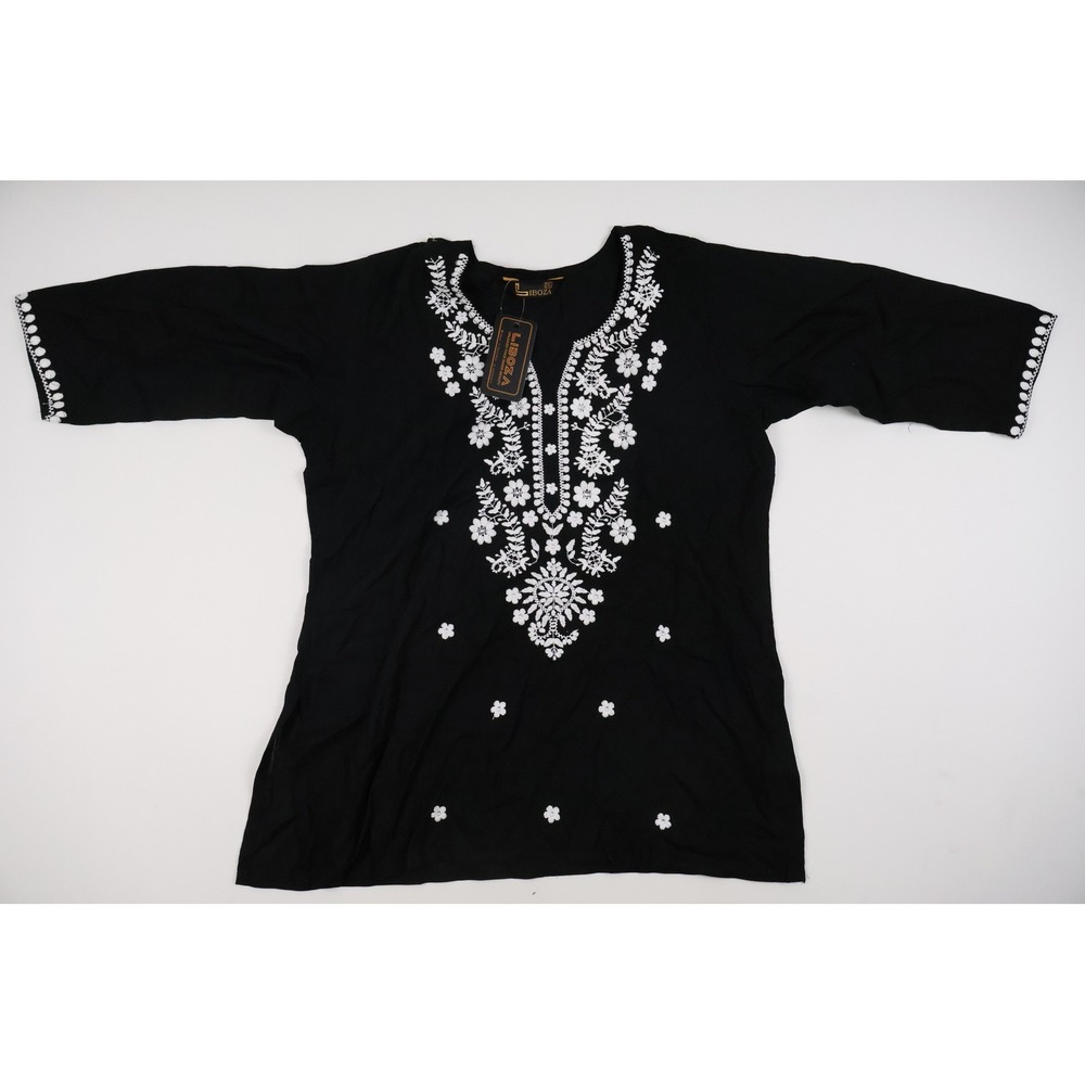 Liboza Tunic Top Embroidered Floral Black White 2XL NWT